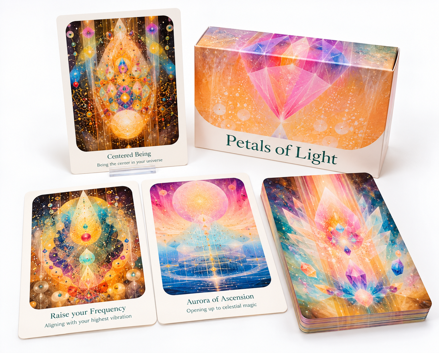 A photo of the Petals of Light oracle deck with cards and box